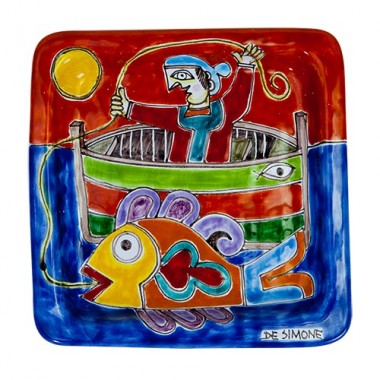 Squared Plate Fisherman De Simone pottery 20x20 DS 10 Squared Plate Fisherman De Simone pottery 20x20 DS 10